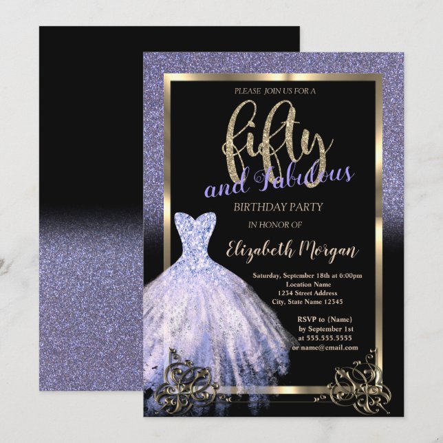 Elegant Violett Glitterklänning 50-års Födelsedags Inbjudningar (Fram/baksida)