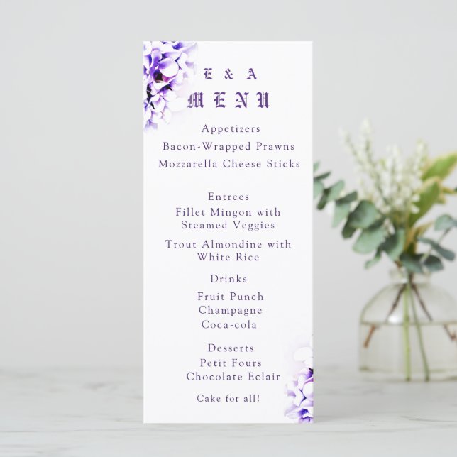Elegant violett katolskt menykort Bröllop Meny (Stående Fram)