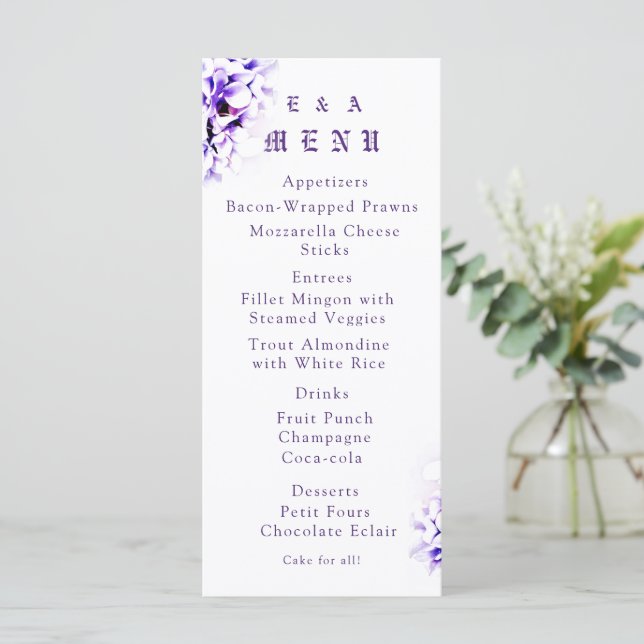 Elegant violett katolskt menykort Bröllop Meny (Stående Fram)