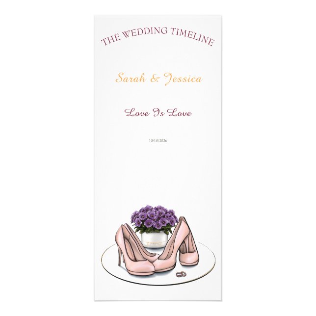 Elegant Violetta Blommor Lesbisk Bröllopstidslinje Reklamkort (Framsidan)