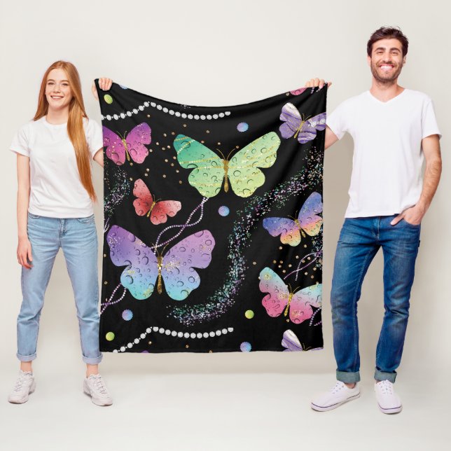 Elegant Violetta och Blå Ljusa Fjärilar Fleecefilt (På plats)