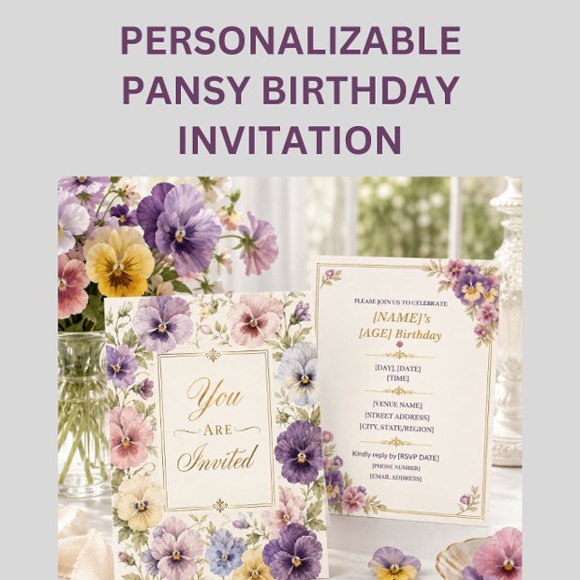 Elegant Violträdgårdsfest Födelsedagsinbjudan Spara Datumet (Elegant pansy birthday invitation front and back with vase flowers on white table lifestyle scenes)