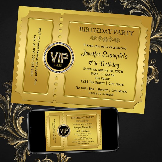 Elegant VIP Guld Biljett Födelsedagsfirande Inbjudningar (Any number or event - add your own text. Instant download and printed invitations available. )