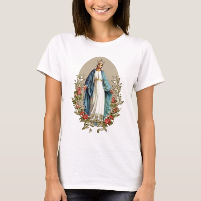 Elegant Virgin Mary Blommigt Ro katolik T Shirt (Framsida)