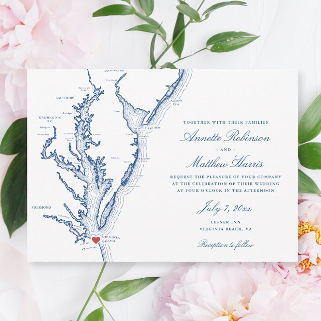 Elegant Virginia Beach Karta Bröllop Inbjudningar (Elegant Virginia Beach map wedding invitation with navy blue script and map of Chesapeake Bay)