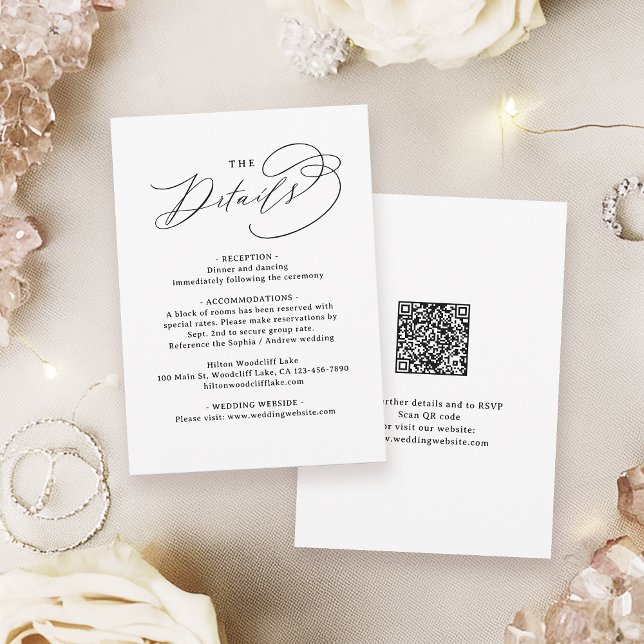 Elegant Virvel Script QR-kod Bröllopsdetaljer Anteckningskort (Elegant Swirl Script QR Code Wedding Details Note Card)