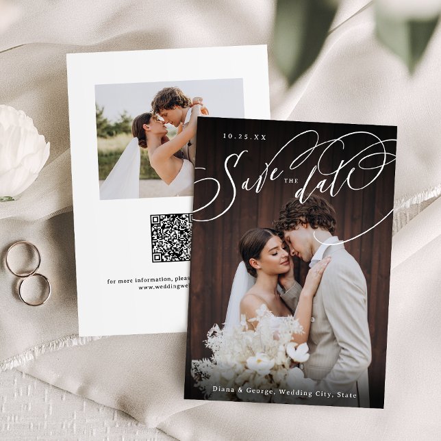 Elegant virvel skript foto bröllop spara datum datumet (Elegant swirl script photo wedding save the date)