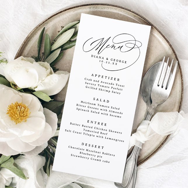 Elegant Virvelmanus Svamp Enkel Bröllop Meny (Elegant Swirl Script Simple Wedding Menu)