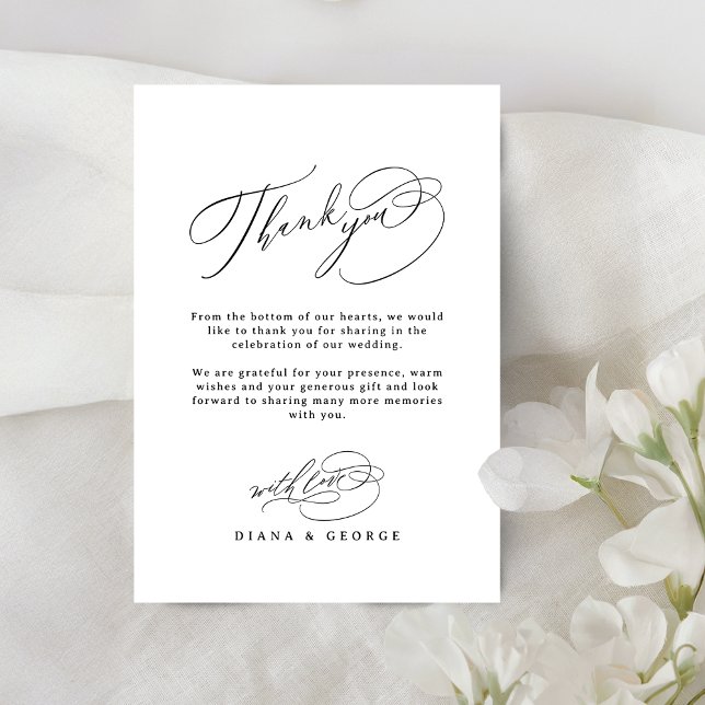 Elegant Virvelmanus Svamp Enkel Bröllop Tack Kort (Elegant Swirl Script Simple Wedding Thank You Card)