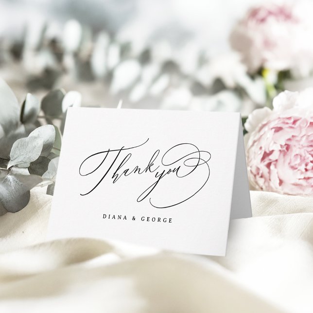 Elegant Virvelmanus Svart Vitt Bröllop Tack Kort (Elegant Swirl Script Simple Wedding Thank You Card)