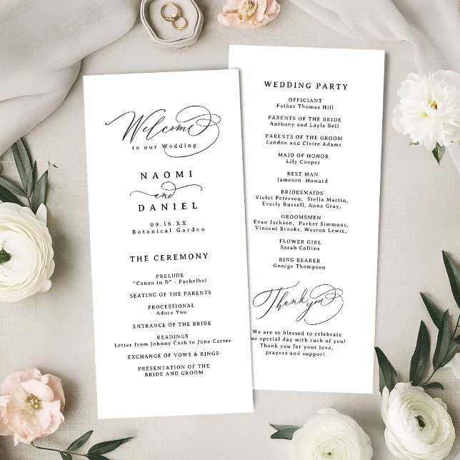 Elegant Virvelmanus Svart Vitt Bröllopsprogram Meny (Elegant Swirl Script Simple Wedding Program)