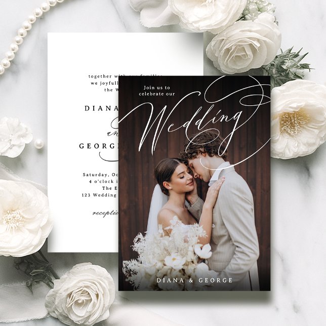 Elegant virvelskrift Enkel Foto Bröllop Inbjudningar (Elegant swirl script Simple Photo Wedding Invitation)