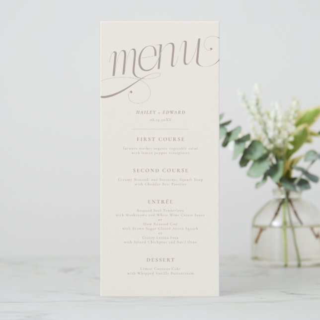 Elegant Virvlande Gråbeige Bröllopsmeny Meny (Stående Fram)