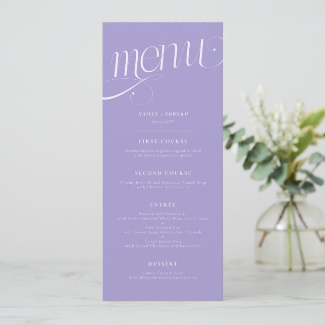 Elegant Virvlande Violett Bröllopsmeny Meny (Stående Fram)