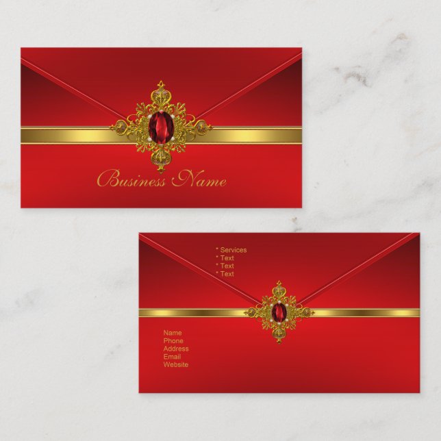 Elegant visitkort röd guld trim röd ädelsten (Fram/baksida)