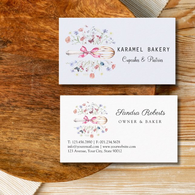 Elegant Viska Bageri med Vilda Blommor Visitkort (Wildflower Whisk Bakery business cards)