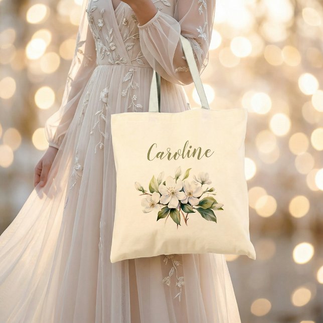 Elegant vit akvarell äppelblomster namn tygkasse (Elegant White Watercolour Apple Blossom name Tote Bag)