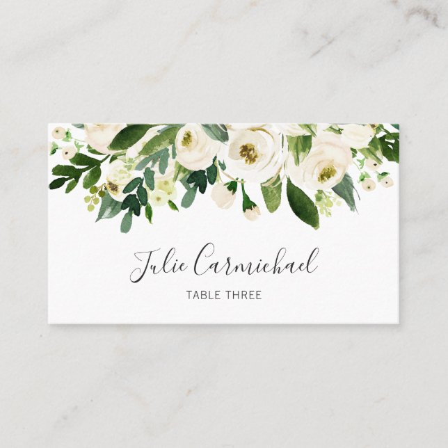 Elegant vit akvarell blomsterbröllop placeringskort (Framsida)