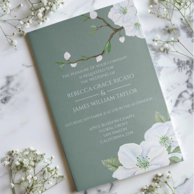 Elegant Vit äpple Blommar Bröllop Inbjudningar (Elegant White Apple Blossom Wedding Invitations by Ricaso. Stunning green & white invites )
