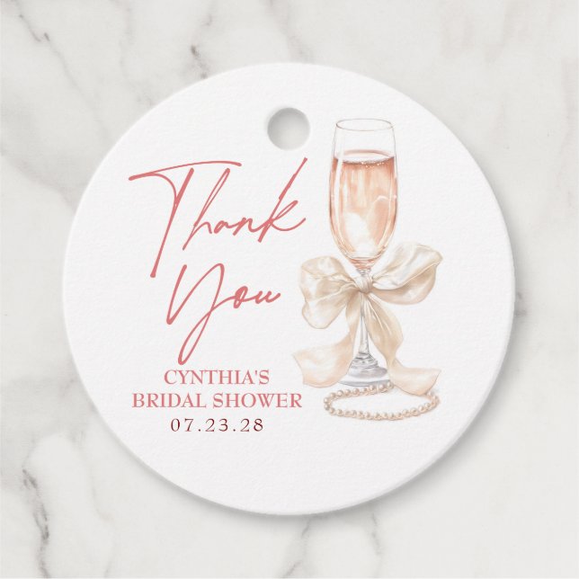 Elegant vit båge Prosecco bröllopsdusch Tack Gåvor Etiketter (Framsida)