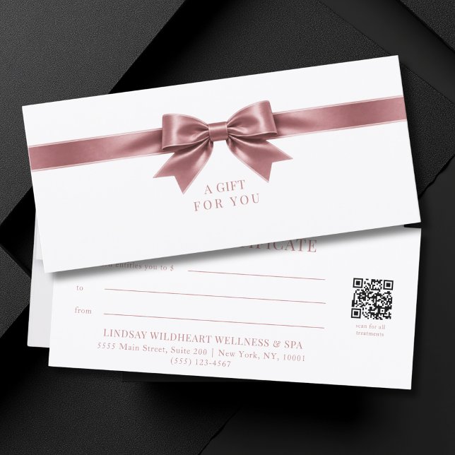 Elegant vit båge QR-kod presentkort (Elegant White Dusty Rose Bow QR Code Gift Certificate)