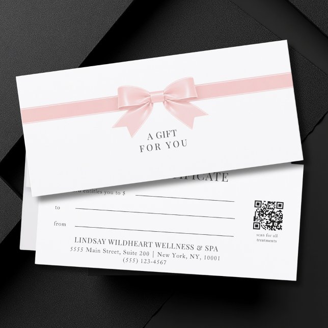 Elegant vit båge QR-kod presentkort (Elegant White Light Pink Bow QR Code Gift Certificate)