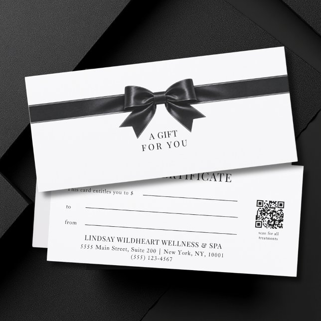 Elegant vit båge QR-kod presentkort (Elegant White Black  Bow QR Code Gift Certificate)