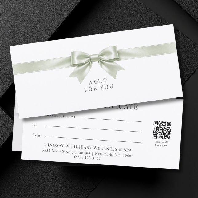 Elegant vit båge QR-kod presentkort (Elegant White Light Green Bow QR Code Gift Certificate)