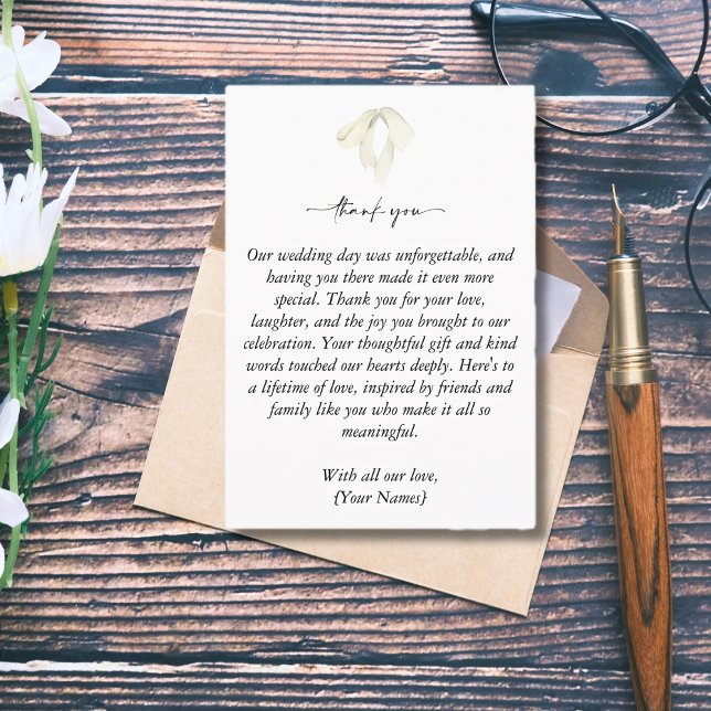 Elegant vit båge som knyter knuten bröllopsfoto tack kort (Custom Wedding Photo Thank You Cards)