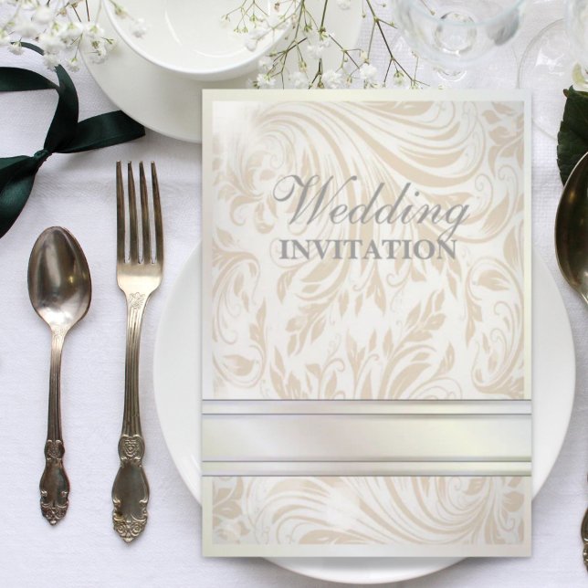 Elegant vit beige virvlar bröllopsinbjudan inbjudningar (Formal Pearl White Damask Wedding Invitation)