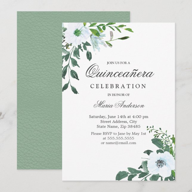 Elegant Vit blomma Quinceanera Party Inbjudan (Fram/baksida)