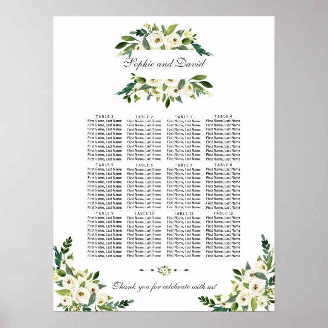 Elegant vit blommande blommor sittplatskarta poster (Framsidan)
