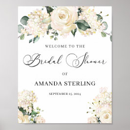 Elegant vit blommande hortensia guld bröllopsdusch poster