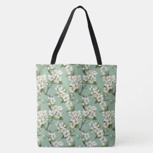 Elegant Vit Blommar Mönster på Grönten Sage Tote Tygkasse