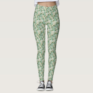 Elegant Vit Blommar Mönster på Pastel Sage Grönt Leggings