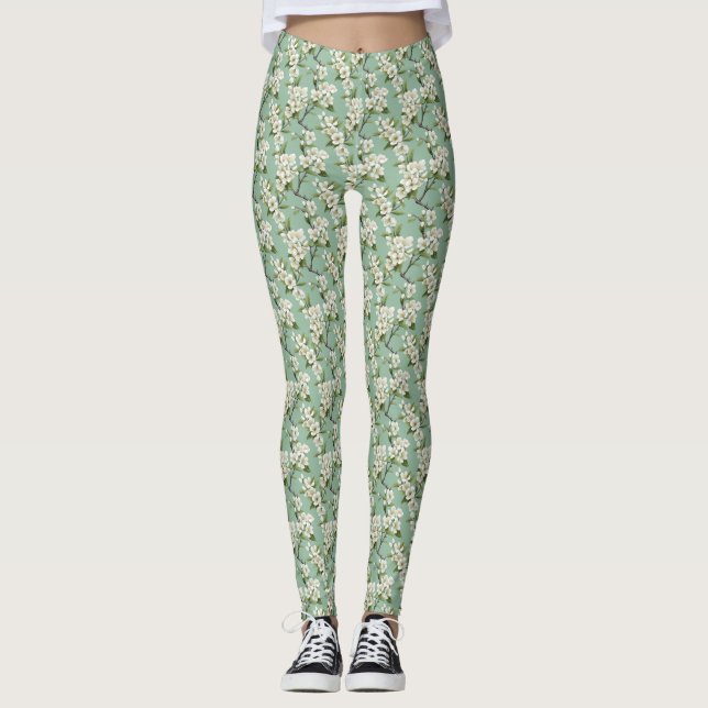 Elegant Vit Blommar Mönster på Pastel Sage Grönt Leggings (Framsida)