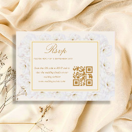 Elegant Vit Blommig Elfenben Guld QR RSVP OSA Kort