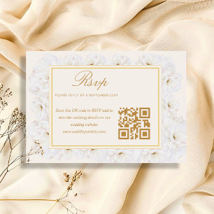 Elegant Vit Blommig Elfenben Guld QR RSVP OSA Kort