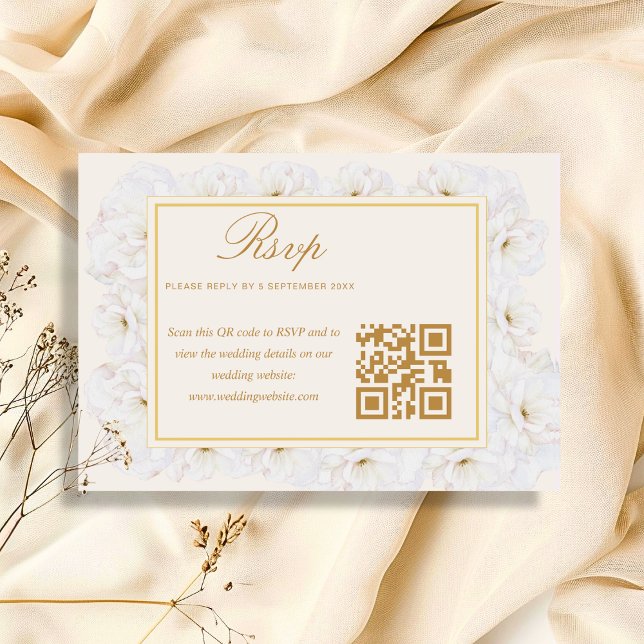 Elegant Vit Blommig Elfenbensvit Guld QR RSVP OSA Kort (Skapare uppladdad)