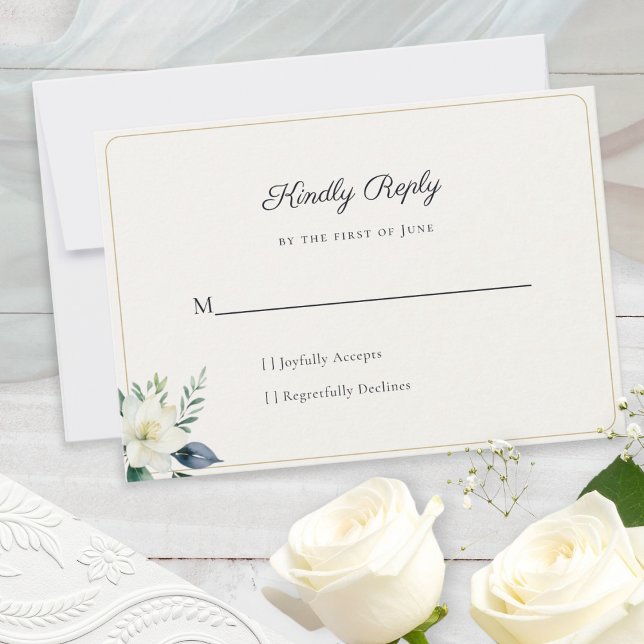 Elegant Vit Blommig Grönska QR-kod OSA Kort (An elegant wedding reply card for guests, with floral motif and a customizable QR code on the back)