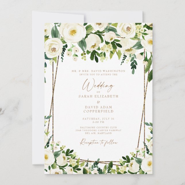 Elegant vit blommig och guld bröllopsinbjudan inbjudningar (Framsida)