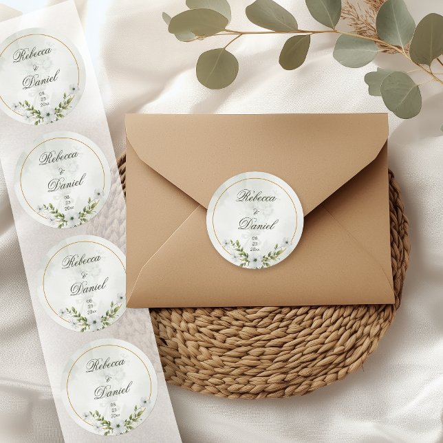Elegant vit blommig vigselmonogramdekal runt klistermärke (Skapare uppladdad)