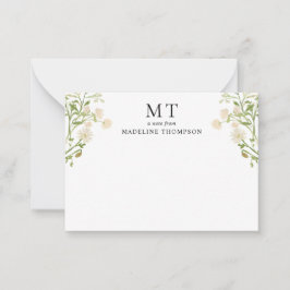Elegant vit blommig vildblomma klassisk monogram anteckningskort
