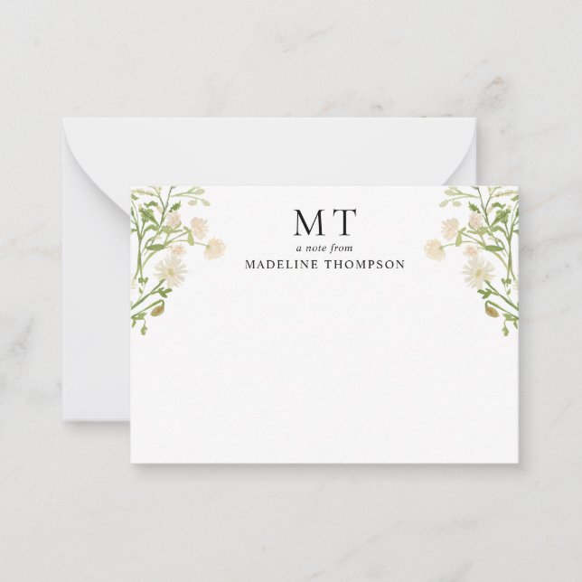 Elegant vit blommig vildblomma klassisk monogram anteckningskort (Framsida)