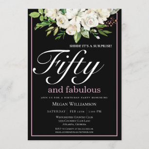 Elegant Vit Blommigt 50 och Fabulous Birthday Inbjudningar