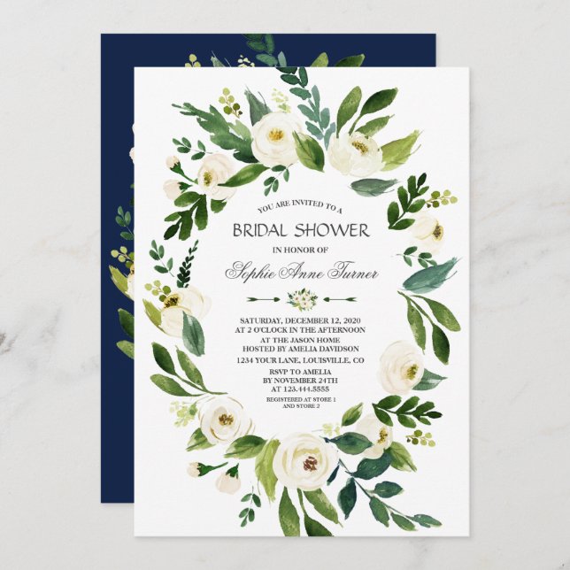 Elegant Vit Blommigt, blå Möhippa Inbjudningar (Fram/baksida)