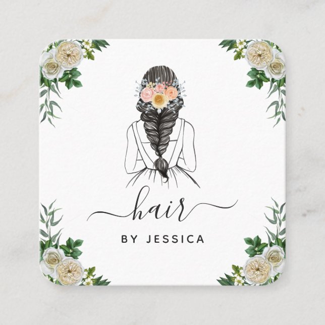 Elegant Vit Blommigt Bride Hairstyle Braid QR-kod Fyrkantigt Visitkort (Framsida)