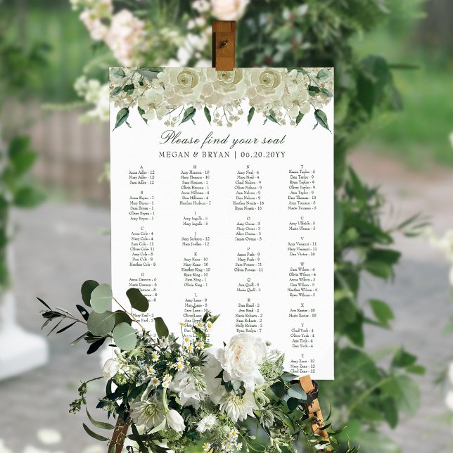 Elegant Vit Blommigt enkelt sittdiagram för Bröllo Poster (Elegant, simple wedding seating plan, perfect for spring or summer.)