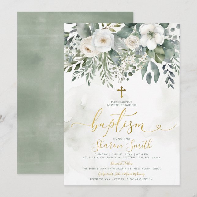 Elegant Vit Blommigt Eucalyptus Baptism Guld Kor Inbjudningar (Fram/baksida)
