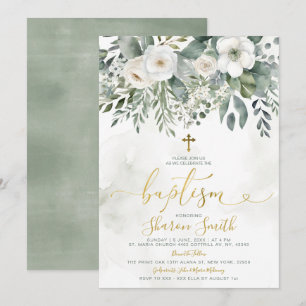 Elegant Vit Blommigt Eucalyptus Baptism Guld Kor Inbjudningar